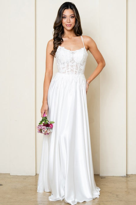 Off White Sleeveless Spaghetti Straps A Line Satin Dress