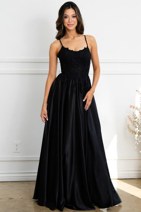 Black Sleeveless Spaghetti Straps A Line Satin Dress