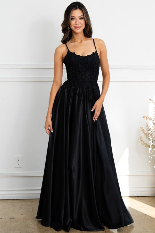 Black Sleeveless Spaghetti Straps A Line Satin Dress