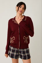 Burgundy Collared Leopard Detail Sweater Cardigan