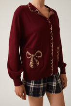 Burgundy Collared Leopard Detail Sweater Cardigan