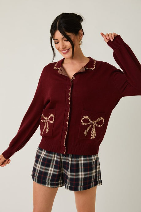 Burgundy Collared Leopard Detail Sweater Cardigan