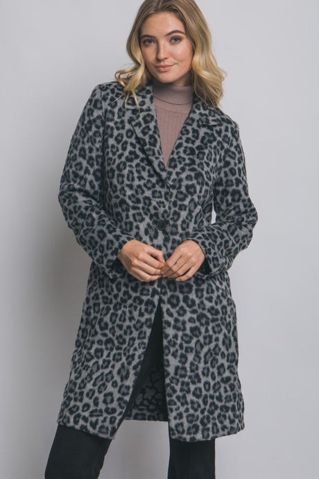Black Single Button Leopard Print Coat