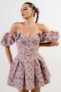 Dk Mauve Floral Jacquard Knit Corset Flare Mini Dress