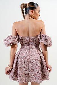 Dk Mauve Floral Jacquard Knit Corset Flare Mini Dress