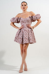 Dk Mauve Floral Jacquard Knit Corset Flare Mini Dress