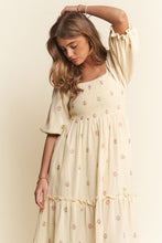 Beige Floral Embroidered Tiered Maxi Dress