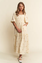 Beige Floral Embroidered Tiered Maxi Dress