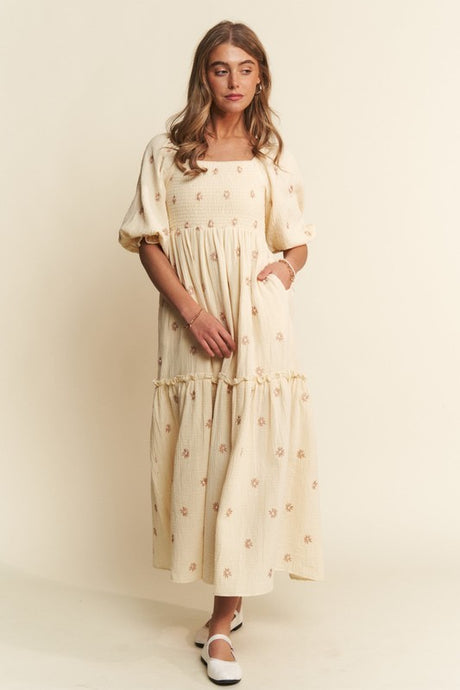 Beige Floral Embroidered Tiered Maxi Dress