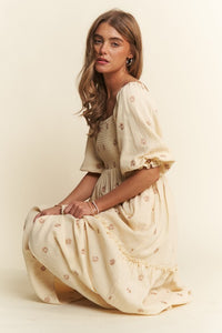 Beige Floral Embroidered Tiered Maxi Dress