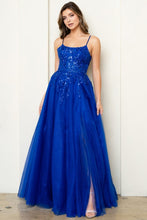 Royal Blue Skinny Straps Beaded Illusion Top A Line Dress