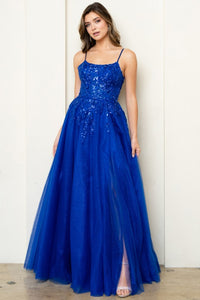Royal Blue Skinny Straps Beaded Illusion Top A Line Dress