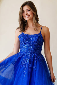 Royal Blue Skinny Straps Beaded Illusion Top A Line Dress