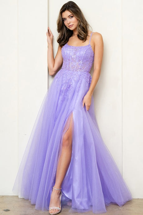 Lilac Skinny Straps Beaded Illusion Top A Line Dress