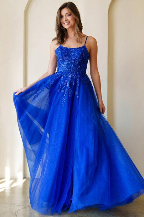 Royal Blue Skinny Straps Beaded Illusion Top A Line Dress