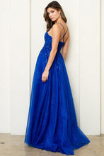 Royal Blue Skinny Straps Beaded Illusion Top A Line Dress