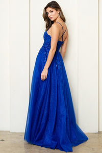 Royal Blue Skinny Straps Beaded Illusion Top A Line Dress
