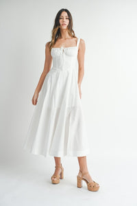 Off White Poplin Bustier Back Lace Up Bodice Midi Dress
