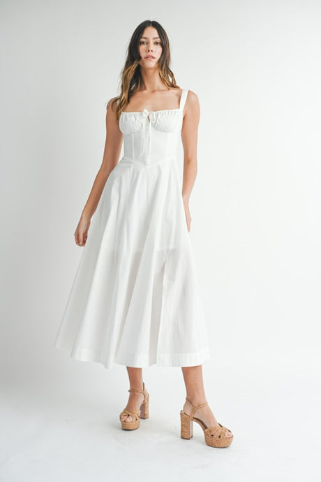 Off White Poplin Bustier Back Lace Up Bodice Midi Dress