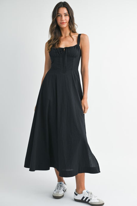 Black Poplin Bustier Back Lace Up Bodice Midi Dress
