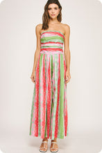 Green/Red Tube Pleated Stripe Print Jumpsuit