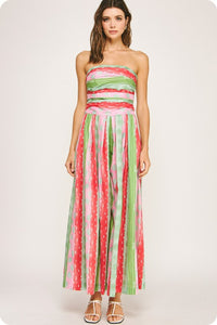 Green/Red Tube Pleated Stripe Print Jumpsuit