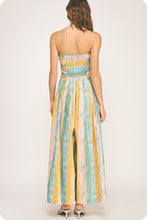 Blue/Yellow Tube Pleated Stripe Print Jumpsuit