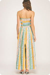 Blue/Yellow Tube Pleated Stripe Print Jumpsuit