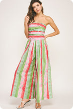 Green/Red Tube Pleated Stripe Print Jumpsuit
