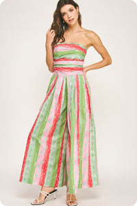 Green/Red Tube Pleated Stripe Print Jumpsuit