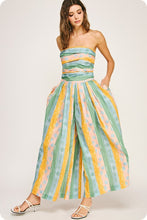 Blue/Yellow Tube Pleated Stripe Print Jumpsuit
