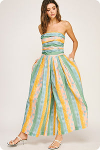 Blue/Yellow Tube Pleated Stripe Print Jumpsuit