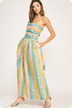 Blue/Yellow Tube Pleated Stripe Print Jumpsuit