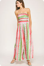 Green/Red Tube Pleated Stripe Print Jumpsuit