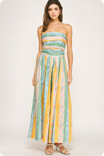Blue/Yellow Tube Pleated Stripe Print Jumpsuit