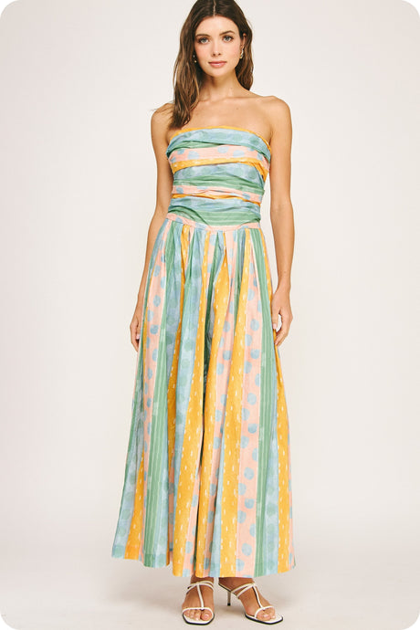 Blue/Yellow Tube Pleated Stripe Print Jumpsuit