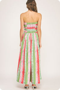 Green/Red Tube Pleated Stripe Print Jumpsuit