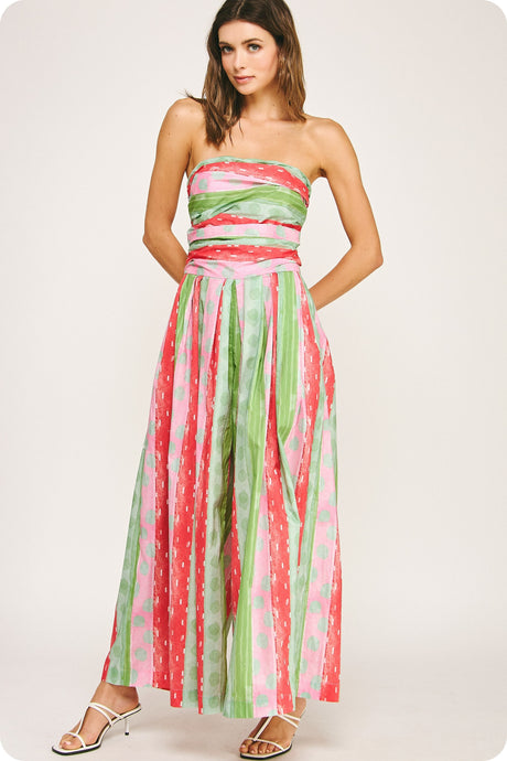 Green/Red Tube Pleated Stripe Print Jumpsuit