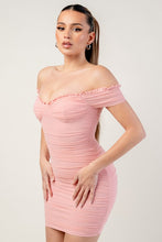 Crystal Pink Ruched Off Shoulder Ruffle Trim Bodycon Mini Dress