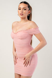 Crystal Pink Ruched Off Shoulder Ruffle Trim Bodycon Mini Dress