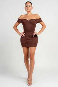 Chocholate Ruched Off Shoulder Ruffle Trim Bodycon Mini Dress