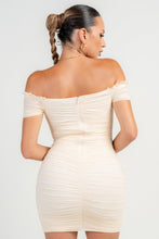 Cream Ruched Off Shoulder Ruffle Trim Bodycon Mini Dress