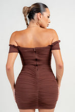 Chocholate Ruched Off Shoulder Ruffle Trim Bodycon Mini Dress