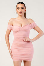Crystal Pink Ruched Off Shoulder Ruffle Trim Bodycon Mini Dress