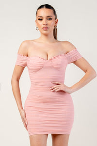 Crystal Pink Ruched Off Shoulder Ruffle Trim Bodycon Mini Dress