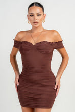 Chocholate Ruched Off Shoulder Ruffle Trim Bodycon Mini Dress