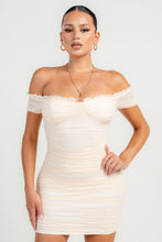 Cream Ruched Off Shoulder Ruffle Trim Bodycon Mini Dress
