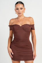 Chocholate Ruched Off Shoulder Ruffle Trim Bodycon Mini Dress