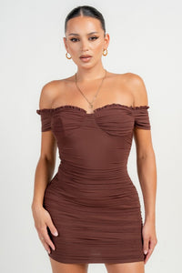 Chocholate Ruched Off Shoulder Ruffle Trim Bodycon Mini Dress