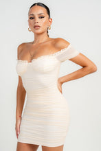 Cream Ruched Off Shoulder Ruffle Trim Bodycon Mini Dress